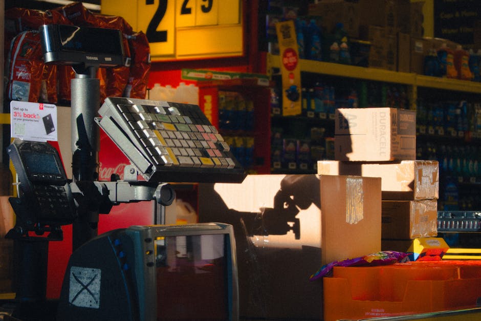 Close-up image of a checkout area in a retail store, featuring a point-of-sale cash register with a keyboard, scanner, and electronic payment terminal, all mounted on a black stand. Several cardboard boxes of varying sizes are stacked on the counter nearby, some with visible tape or labels, suggesting recent or ongoing stock handling. behind the counter, brightly colored shelving units are stocked with various packaged goods, including snack and beverage products, with labels and branding partially visible. The scene is well-lit with a warm, natural light source casting shadows and reflections on the equipment and boxes, indicating daytime. The image captures a typical scene of retail preparation or stock management, with an emphasis on the organized, professional environment where efficient rubbish disposal may be part of the store's waste management practices, sometimes involving private collection services such as those offered by waste removal providers.