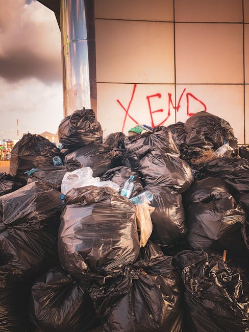 A row of five large wheeled rubbish bins, positioned on a paved outdoor surface, with the first bin labeled for paper waste and the remaining bins for general waste, all constructed from plastic with a textured surface and fitted with lids, some of which are slightly open or closed. Behind the bins, a dark metal storage container or shed with a corrugated surface and visible rivets is partially visible, with a label or sticker on its side displaying the logo of a waste removal company. The surrounding environment includes dense foliage and trees in the background, creating a shaded atmosphere, with diffuse natural light illuminating the scene. To the left of the bins, a wooden or metal post supports a sign indicating waste disposal instructions. The scene conveys a typical outdoor rubbish collection area, where waste is temporarily stored before collection, aligning with private waste handling practices in line with local rubbish removal regulations.